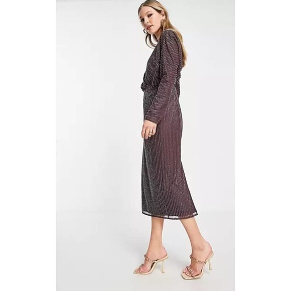 ASOS DESIGN Gold Linear Embellished Batwing Midi Dress Mauve 4 NWT - Picture 3 of 4